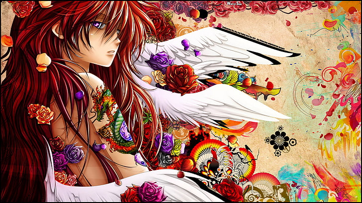 personnage d'anime aux cheveux rouges avec des ailes blanches, anime, ange, Snyp, personnages originaux, rousse, yeux violets, art numérique, rose, fleurs, tatouage, ailes, filles de l'anime, coloré, cheveux longs, Fond d'écran HD