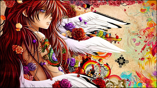 personnage d'anime aux cheveux rouges avec des ailes blanches, anime, ange, Snyp, personnages originaux, rousse, yeux violets, art numérique, rose, fleurs, tatouage, ailes, filles de l'anime, coloré, cheveux longs, Fond d'écran HD HD wallpaper