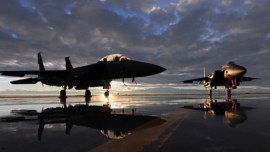 matahari terbenam, pesawat, pesawat tempur, pesawat terbang, landasan pacu, McDonnell Douglas F-15 Eagle, McDonnell Douglas F-15 