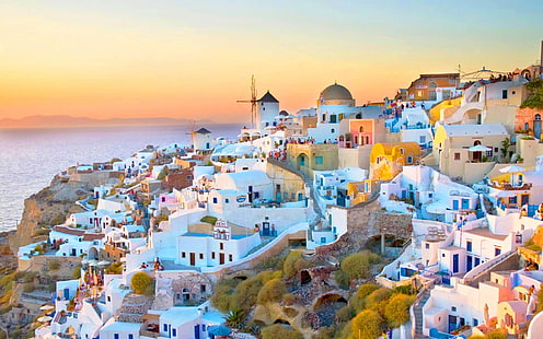 ギリシャのサントリーニ島のオイア村デスクトップ3840×2400の日没の風景の壁紙、 HDデスクトップの壁紙 HD wallpaper