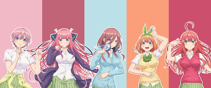 anime, anime girls, 5-toubun no Hanayome, Nakano Itsuki, Nakano Miku, Nakano Ichika, Nakano Nino, Nakano Yotsuba, HD wallpaper