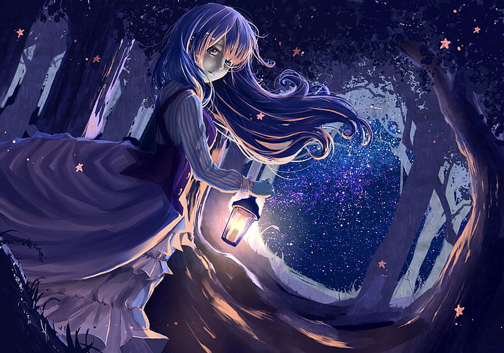 anime flicka håller lykta illustration, flicka, anime, lykta, skog, natt, HD tapet