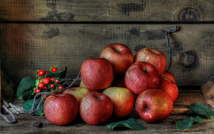 신선한 과일, 빨간 사과, 딸기, 신선한, 과일, 레드, 사과, 딸기, HD 배경 화면