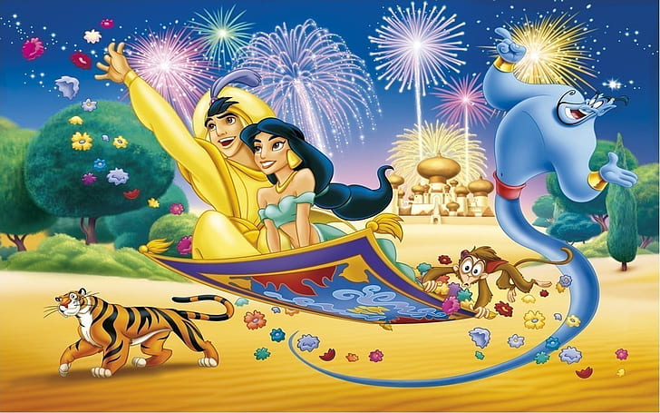 Aladdin y la princesa Jasmina volando en la alfombra mágica Abu Monkey Tiger y Genie Photo Wallpaper Hd 1920 × 1200, Fondo de pantalla HD