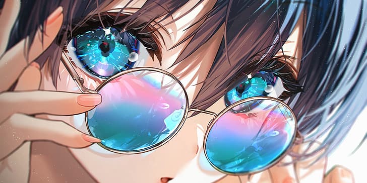 lunettes de soleil, yeux, yeux turquoises, anime girls, Fond d'écran HD