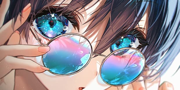 lunettes de soleil, yeux, yeux turquoises, anime girls, Fond d'écran HD HD wallpaper