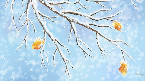 Есенни последни листа, есен, сняг, синьо, дърво, листа, зима, есен, студ, сняг, HD тапет HD wallpaper