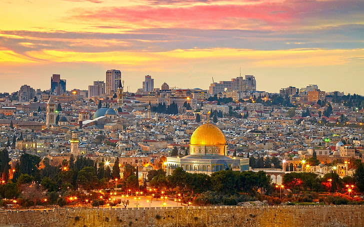 Желто-серая мечеть, Иерусалим, Купол Скалы, город, городской пейзаж, закат, Ближний Восток, Западная стена, Палестина, HD обои