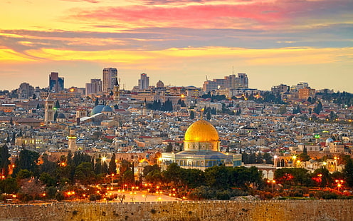 Mosquée jaune et grise, Jérusalem, Dôme du Rocher, ville, paysage urbain, coucher de soleil, Moyen-Orient, Mur occidental, Palestine, Fond d'écran HD HD wallpaper