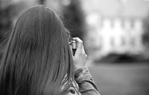grayscale photo of woman holding camera, girl, background, widescreen, black and white, Wallpaper, mood, hair, camera, the camera, photographer, full screen, HD wallpapers, fullscreen, HD wallpaper HD wallpaper