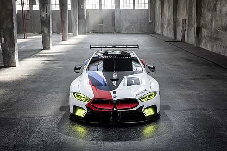 Coche deportivo de carreras blanco, negro y rojo, BMW M8 GTE, Salón del automóvil de Frankfurt, 2017, HD, Fondo de pantalla HD HD wallpaper