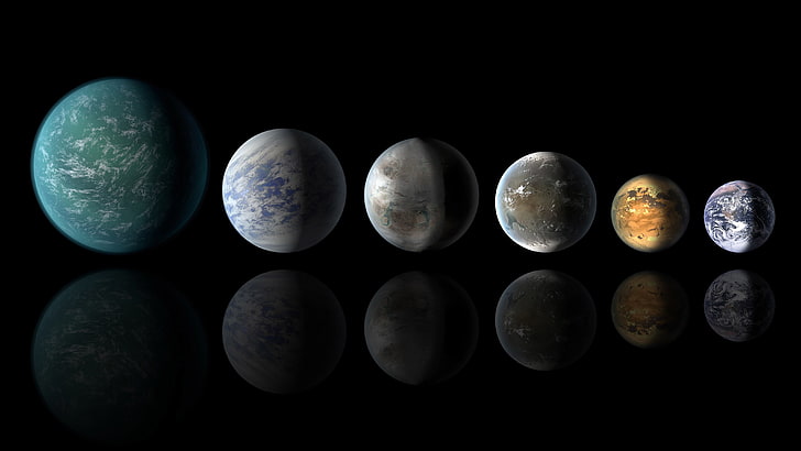 pięć planet Keplera i Ziemia, planeta, sztuka cyfrowa, Układ Słoneczny, proste tło, Tapety HD