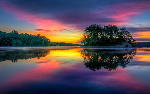 árboles verdes, colorido, lago, isla, naturaleza, paisaje, reflexión, niebla, cielo, árboles, Massachusetts, agua, nubes, calma, Fondo de pantalla HD HD wallpaper