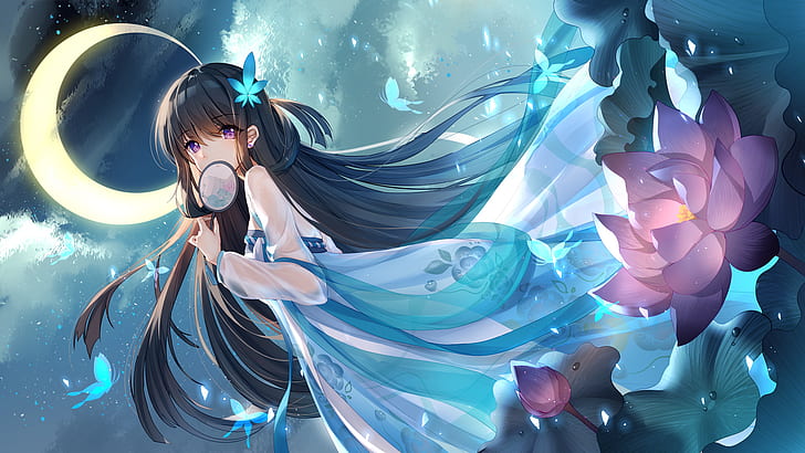 Anime, Anime Mädchen, Mond, lange Haare, dunkle Haare, HD-Hintergrundbild