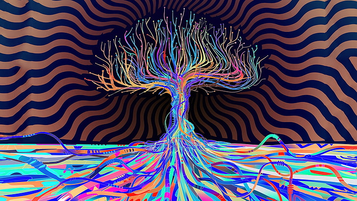 wielobarwna ilustracja drzewa, turkusowa i wielokolorowa ilustracja drzewa, drzewa, abstrakcja, Matei Apostolescu, LSD, grafika, psychodelia, Tapety HD
