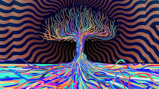 ilustrasi pohon beraneka warna, ilustrasi pohon teal dan beraneka warna, pohon, abstrak, Matei Apostolescu, LSD, karya seni, psychedelic, Wallpaper HD HD wallpaper