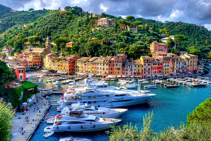 budynek, dom, jachty, port, Włochy, promenada, port, Portofino, Liguria, Marina di Portofino, Tapety HD