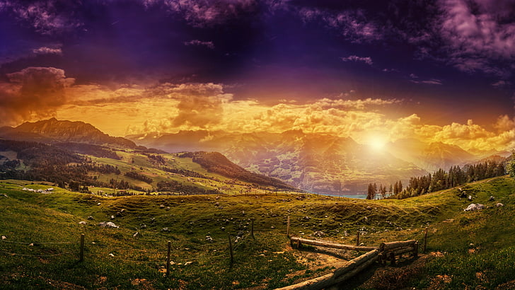 Tapeta cyfrowa brązowo-niebieska góra, Szwajcaria, tapeta 5k, 4k, 8k, HD, góry, zachód słońca, wzgórza, łąki, Tapety HD