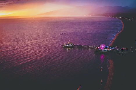 Bucht, Räder, Santa Monica, Riesenrad, Pier, Meer, Kalifornien, Küste, Sonnenuntergang, Strand, HD-Hintergrundbild HD wallpaper