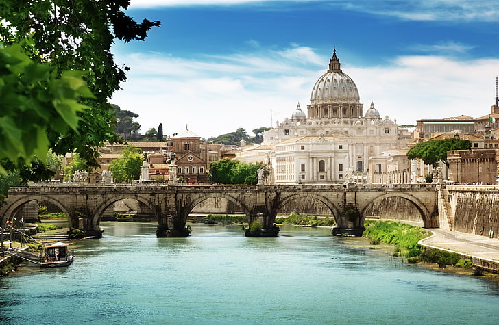 calm body of water, the sky, clouds, nature, river, Rome, architecture, Italy, The Vatican, The Tiber, St. Peter's Cathedral, St. Peter's Basilica, St. Angelo Bridge, Ponte Sant'angelo, The state of Vatican City, HD wallpaper