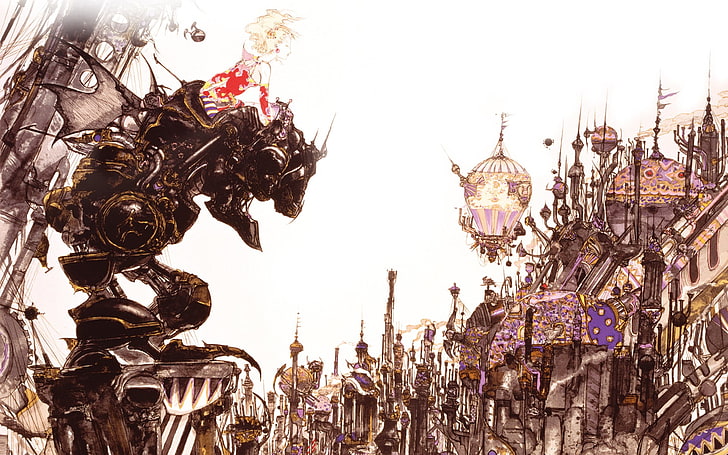 illustration av monster under vit himmel, Final Fantasy, konstverk, Terra Branford, Yoshitaka Amano, BioShock, BioShock Infinite, HD tapet