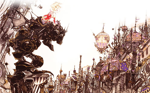 illustration of monster under white sky, Final Fantasy, artwork, Terra Branford, Yoshitaka Amano, BioShock, BioShock Infinite, HD wallpaper HD wallpaper