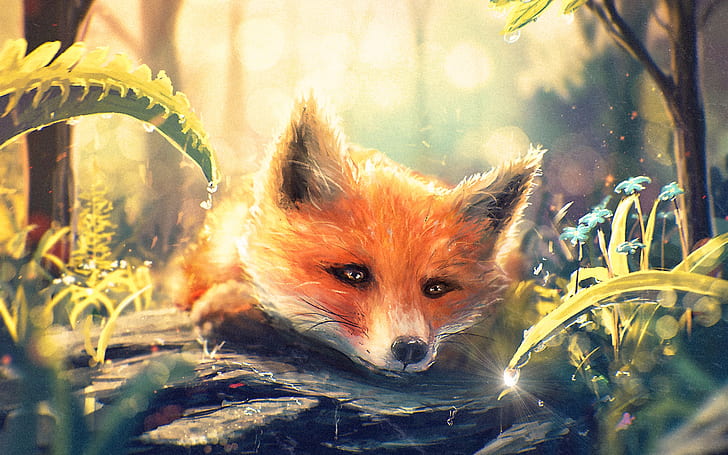 Art painting, fox in forest, water droplets, flowers, Art, Painting, Fox, Forest, Water, Droplets, Flowers, HD wallpaper
