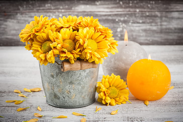 bouquet, candles, yellow, bucket, composition, Chrysanthemum, HD wallpaper