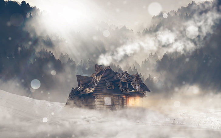 casa gris de 2 pisos, naturaleza, paisaje, invierno, nieve, niebla, cabina, madera, bokeh, rayos de sol, luces, árboles, bosque, destello de lente, arte digital, Photoshop, Fondo de pantalla HD