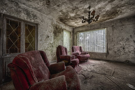 velho, cadeira, quarto, interior, ruína, HD papel de parede HD wallpaper