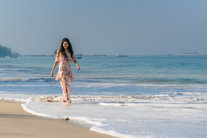 해변, 야외 여성, 아시아, 여성, 모델, HD 배경 화면