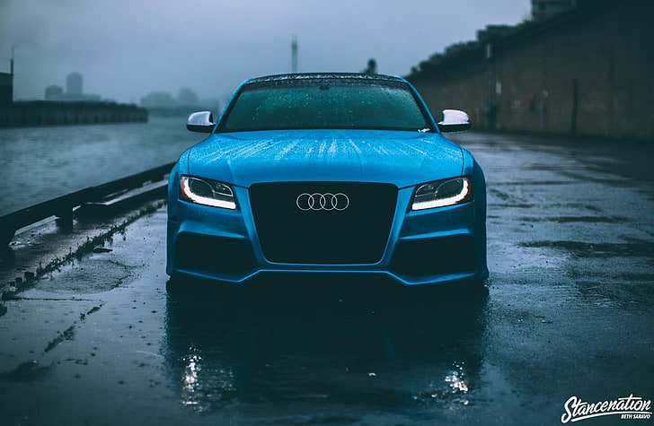 син автомобил Audi, Audi S5, Audi, автомобил, сини автомобили, превозно средство, дъжд, HD тапет