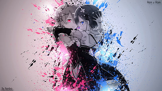 Re Zero, Re: Zero Kara Hajimeru Isekai Seikatsu, Rem, ram, anime girls, anime, splatter, paint splatter, Sfondo HD HD wallpaper