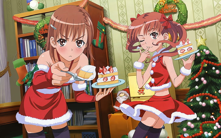 anime, Christmas, To Aru Kagaku no Railgun, To aru Majutsu no Index, Misaka Mikoto, Shirai Kuroko, anime girls, HD wallpaper