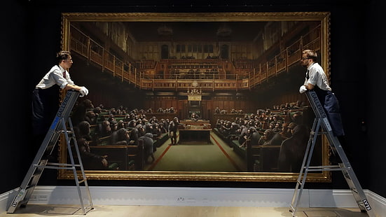 الصورة ، بانكسي ، البرلمان المفوض ، القردة في البرلمان البريطاني، خلفية HD HD wallpaper