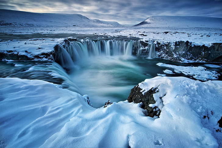 winter, Iceland, waterfall, Godafoss, 5k, HD wallpaper