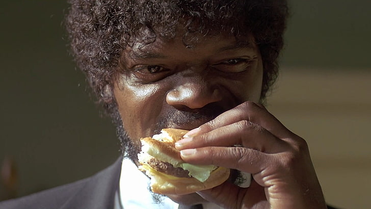 köttburger, filmer, Pulp Fiction, Samuel L. Jackson, hamburgare, äta, Jules Winnfield, HD tapet