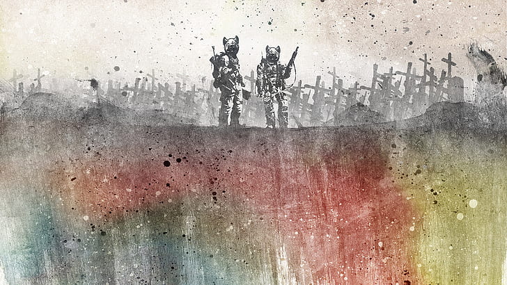 abstraction, style, weapons, patterns, paint, colors, point, war, cemetery, 1920x1080, dots, warriors, HD wallpaper