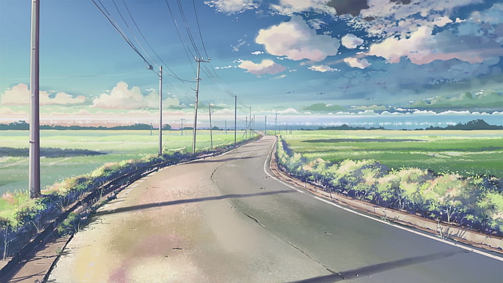 camino de concreto gris, anime, 5 centímetros por segundo, Makoto Shinkai, camino, líneas eléctricas, luz solar, nubes, Fondo de pantalla HD