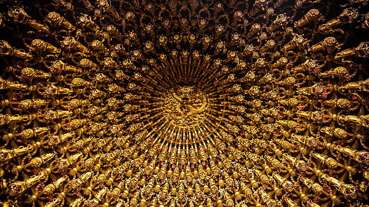 златен декор за стена, Тайван, храм, дракон, HD тапет