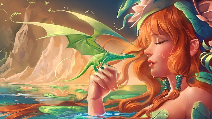girl dragon baby mountains water water lily-Fantas.., female anime character wallpaper, HD wallpaper