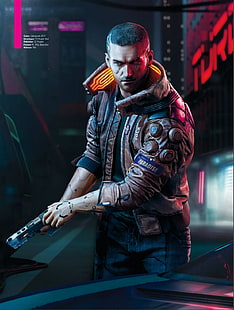 sfondo del personaggio del gioco, cyberpunk, Cyberpunk 2077, V (Cyberpunk 2077), videogiochi, visualizzazione verticale, uomini, capelli corti, pistola, guardando spettatore, fantascienza, waifu2x, Sfondo HD HD wallpaper