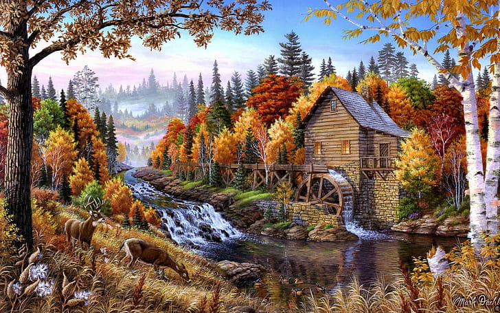 Otoño molino de madera montaña río cascada bosque con pinos, ciervos arte hd fondo de pantalla 1920 × 1200, Fondo de pantalla HD