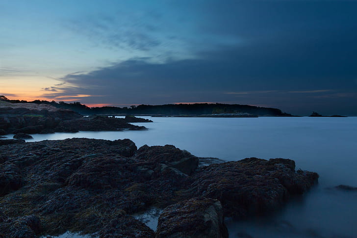 rock formation near body of water under blue skies, rock formation, body of water, blue skies, sunrise, seascape, landscape, dawn, morning, long exposure, LE, B+W, ND 3.0, Branford, Short Beach  Connecticut, Long Island Sound, Killam, Point, Green Island, Island  House, cloudy, nature, sunset, dusk, sea, scenics, water, outdoors, HD wallpaper