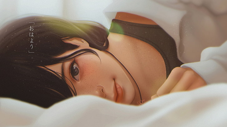 auf der Seite liegen, starren, Bett, Anime, HD-Hintergrundbild