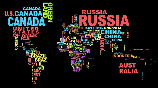 countries, typography, black background, world map, map, colorful, word clouds, HD wallpaper HD wallpaper