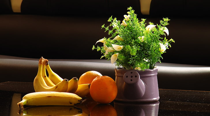 Saeed, yellow bananas and two orange citrus fruits, Food and Drink, Flowers, Oranges, Table, Fruits, Bananas, calla lilies, HD wallpaper