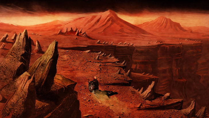 коричневая горная живопись, марс, фэнтези арт, каньон, HD обои