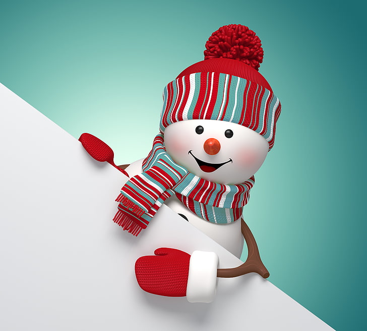 белый и красный снеговик иллюстрация, Новый год, Рождество, снеговик, милый, веселый, HD обои