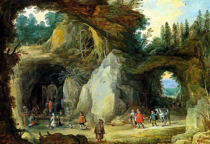 bild, genre, Jan Brueghel den äldre, Bergslandskap med pilgrimer vid ett kapell i grottan, HD tapet